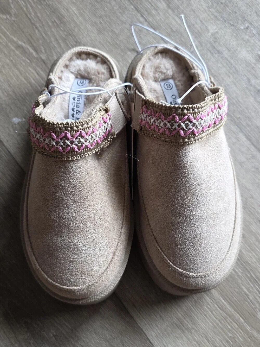 Girls Tan Slip-On Slippers with Pink Woven Trim